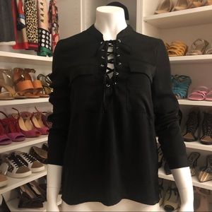 Black Lace Up Double Pocket Long Sleeve Top